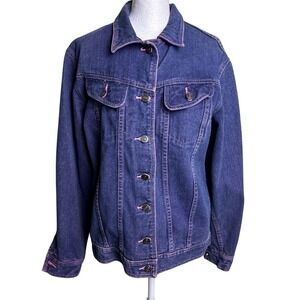 Guilio Nardi Women's Jacket Blue Jean Jacket Size L Pink Stitching Cotton Button